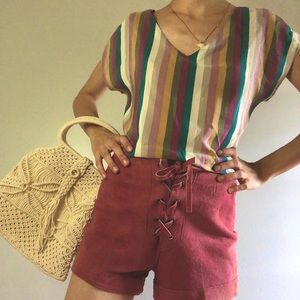 Vintage silk striped blouse Medium muted v-neck short sleeve 100% real silk top